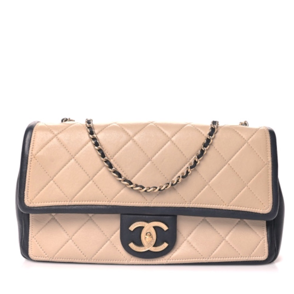 Chanel Calfskin Quilted Medium Graphic Flap Beige Black